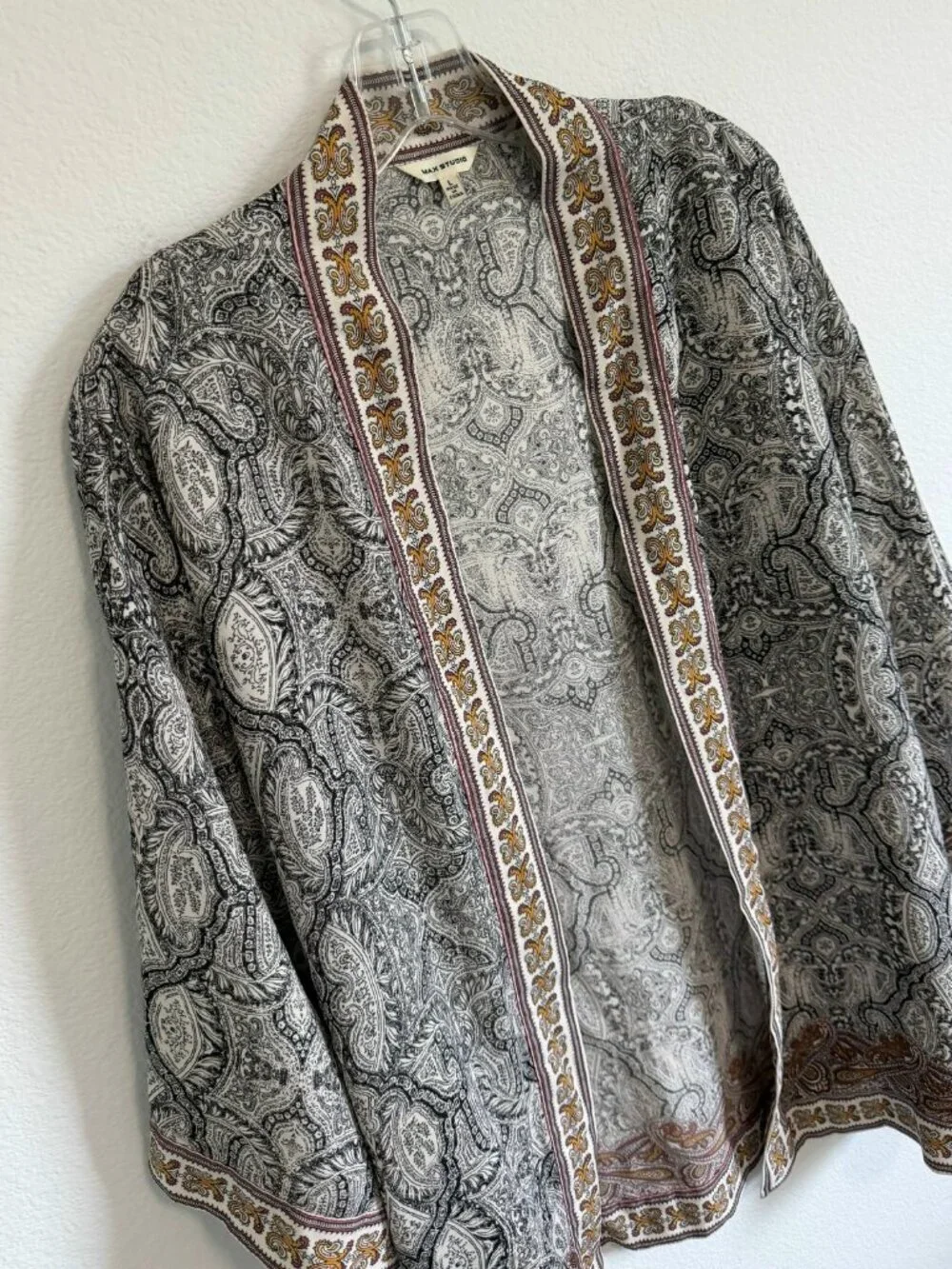 Max Studio 3/4 Kimono Sleeve Paisley Boho Open Front Cardigan Cover Up Size L